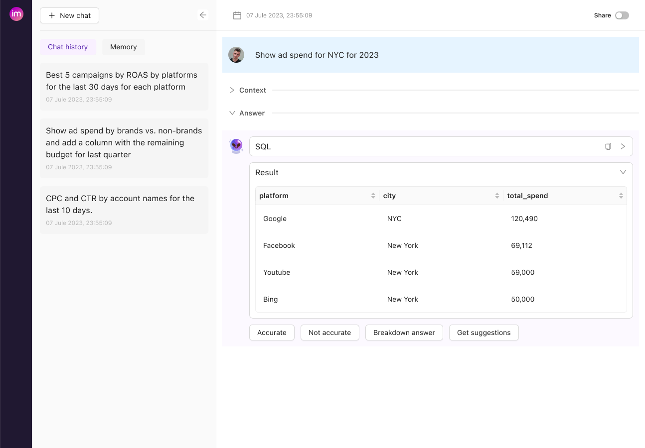 Improvado AI Assistant helps marketers chat with their data in plain English and gain insights fast.