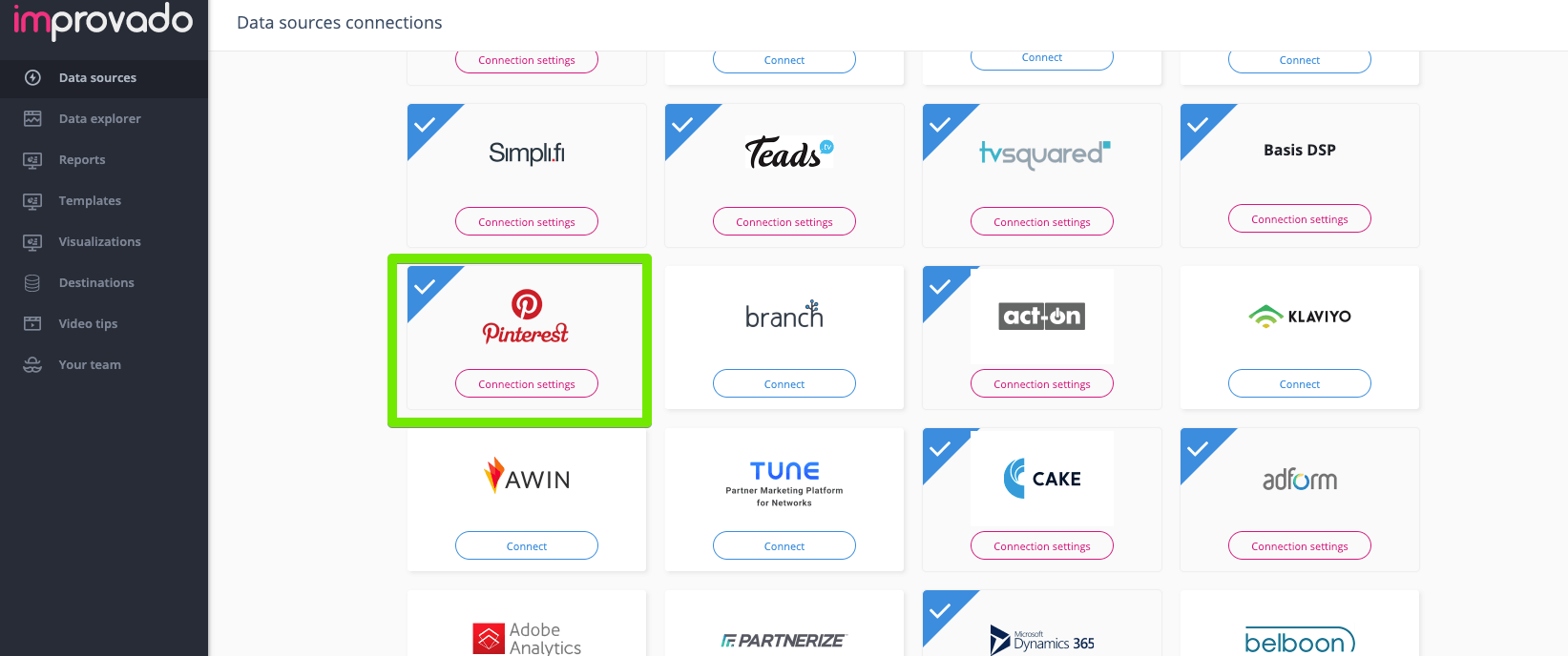 Improvado data source connections. Screenshot from interface