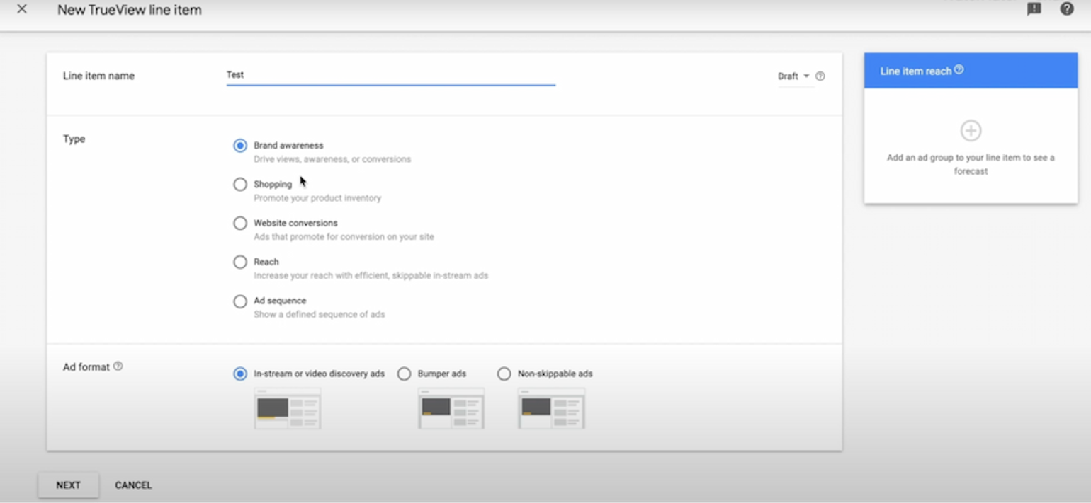 Setting up a TrueView line item